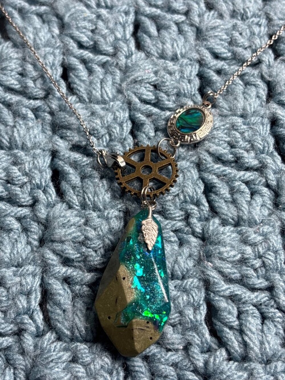 Steampunk Necklace Gear Plastic Pendant Faux Abalone Silvertone 18 inches Long